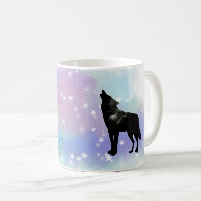 *~* Rainbow Cosmic Måne Howling Varg Crystals Kaffemugg (Framsida höger)