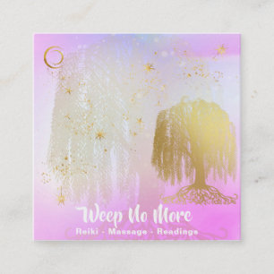 *~* Rainbow Cosmic Willow Träd Måne Guld Fyrkantigt Visitkort