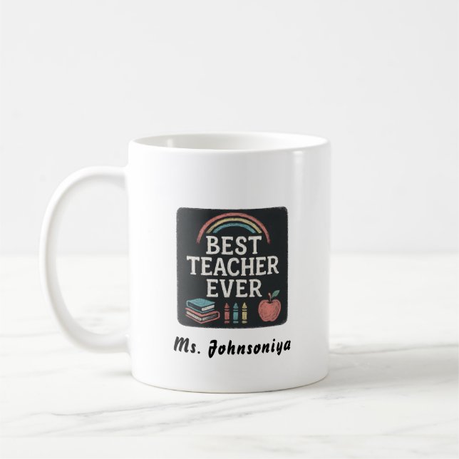 Rainbow Crayon Apple Black Badge Best Teacher Ever Kaffemugg (Vänster)