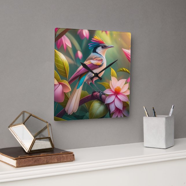 Rainbow crested Jay Fantasy Bird Fyrkantig Klocka (Kontor)