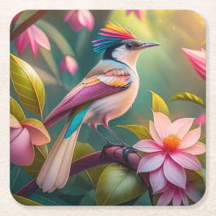 Rainbow crested Jay Fantasy Bird Underlägg Papper Kvadrat