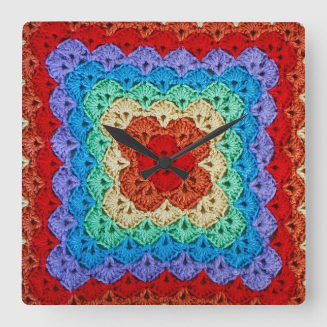 Rainbow Crochet Granny Square Fyrkantig Klocka (Framsida)