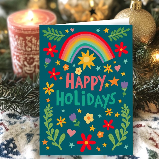 Rainbow Cute Blommigt Handdragen färgstark ANPASSN Helgkort (Rainbow Cute Floral Hand-drawn Colorful CUSTOM Holiday Greeting Card
)