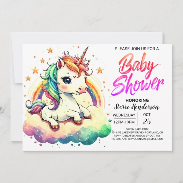 Rainbow Cute Editable Unicorn Baby Shower Inbjudningar (Framsida)