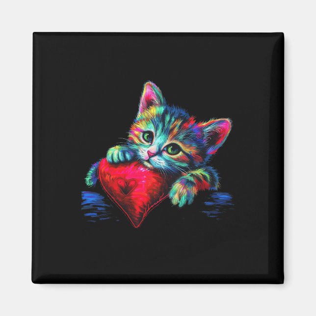 Rainbow Cute Hugger Heart Kitten Ljugande på Hea Magnet (Framsidan)