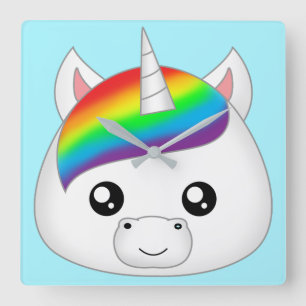 Rainbow Cute Kawaii Unicorn Ansikte Head Fyrkantig Klocka