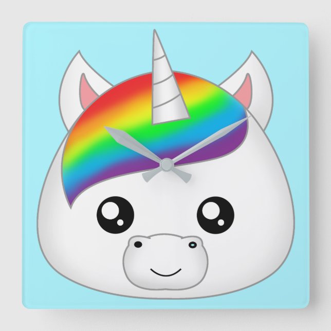 Rainbow Cute Kawaii Unicorn Ansikte Head Fyrkantig Klocka (Framsida)
