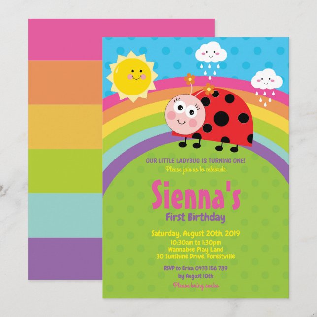 Rainbow Cute Ladybug 1st Birthday Party Girl Inbjudningar (Fram/baksida)