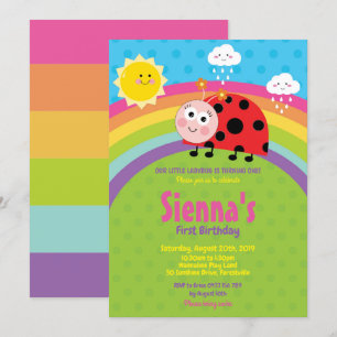 Rainbow Cute Ladybug 1st Birthday Party Girl Inbjudningar