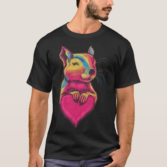 Rainbow Cute Squirrel Hugging Valentine Heart Love T Shirt (Framsida)