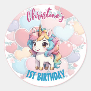Rainbow Cute Unicorn & Hearts Birthday Anpassnings Runt Klistermärke