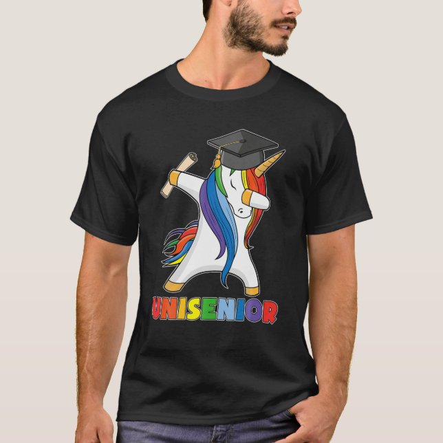 Rainbow Dabbing Unicorn Dance Senior Student Stud T Shirt (Framsida)