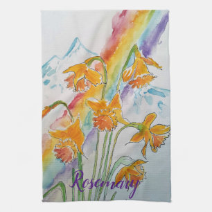 Rainbow Daffodil Vår Watercolor Blommigt Flower Kökshandduk