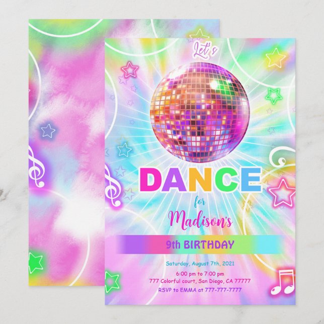 Rainbow Dance Disco Party Neon Glow Inbjudningar (Fram/baksida)