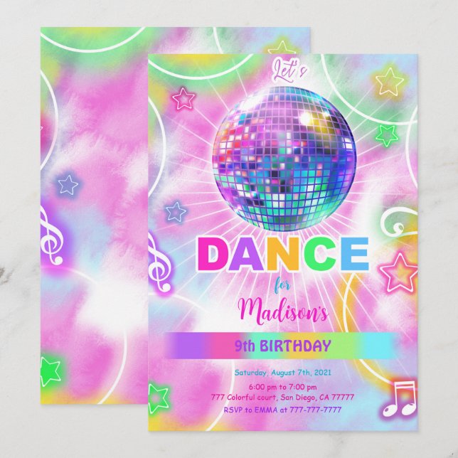 Rainbow Dance Disco Party Neon Glow Inbjudningar (Fram/baksida)