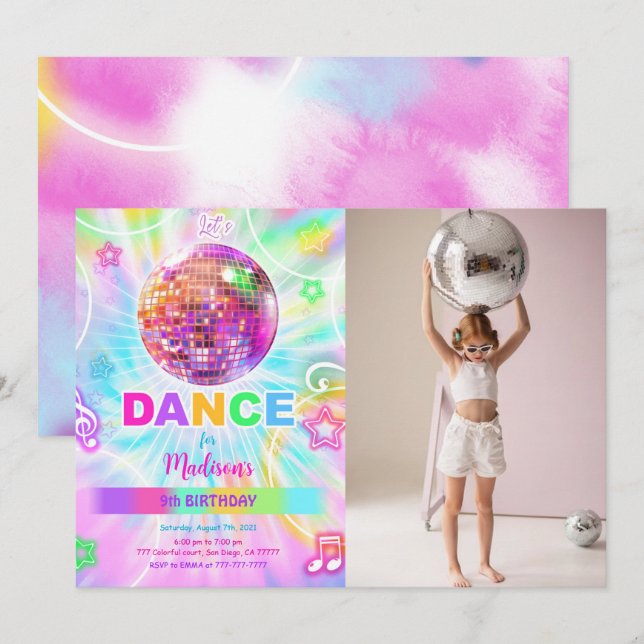 Rainbow Dance Disco Party Neon Glow Photo Inbjudningar (Fram/baksida)