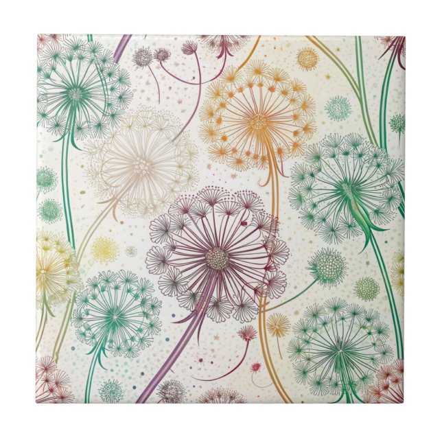 Rainbow Dandelion Breeze - Whimsical Blommigt Kakelplatta (Framsidan)