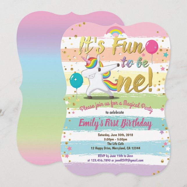 Rainbow dapping unicorn första födelsedagen party inbjudningar (Fram/baksida)