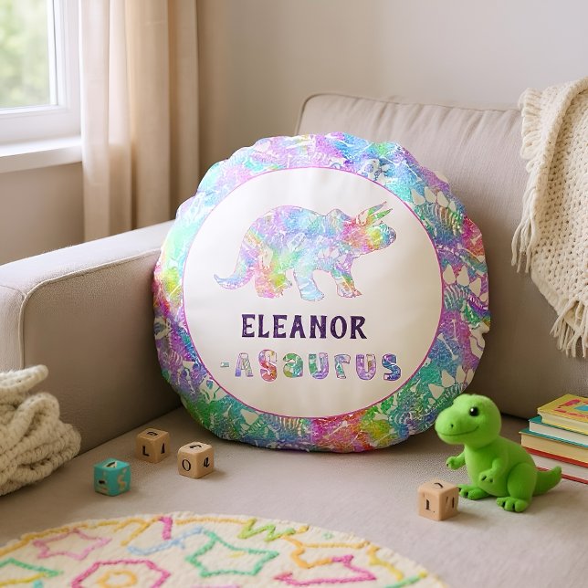 Rainbow Dinosaur Fossil Kids Rund Kudde (Rainbow dinosaur pillow with your name perfect for dino lovers.)