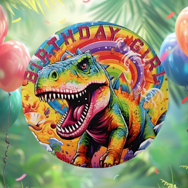 Rainbow dinosaur grattis på födelsedagen Girl Knapp (Rainbow Dinosaur Happy Birthday Girl Button - Fun & Cute!

—)