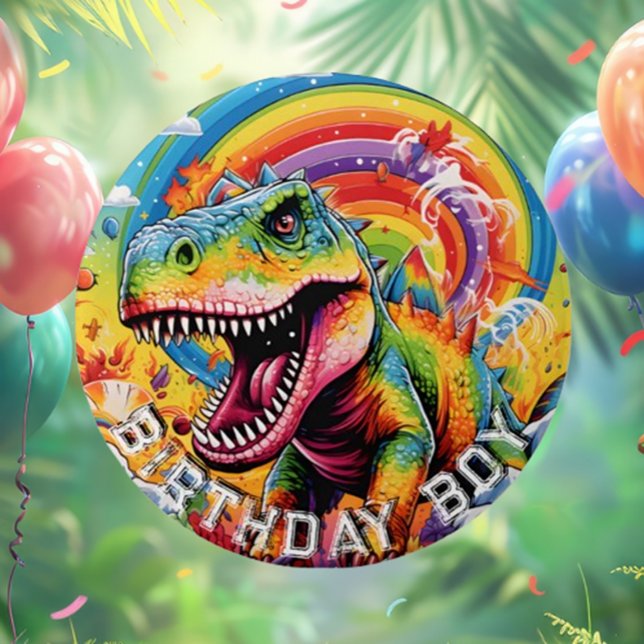 Rainbow dinosaur grattis på födelsedagen knapp (Rainbow Dinosaur Happy Birthday Button for Fun Celebrations!)