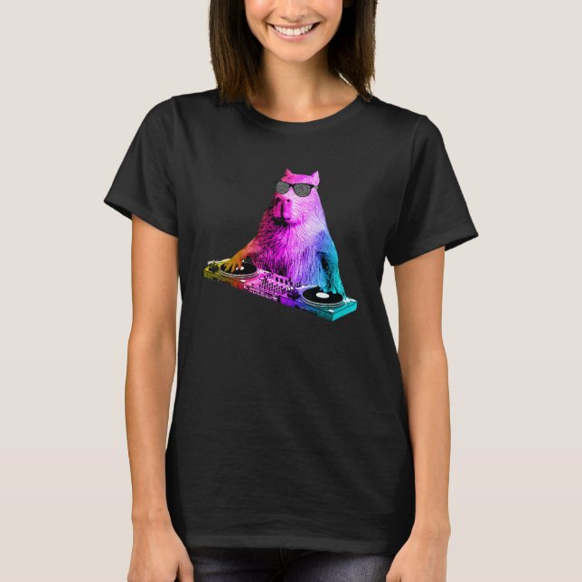 Rainbow Dj Capybara House Music T Shirt (Framsida)