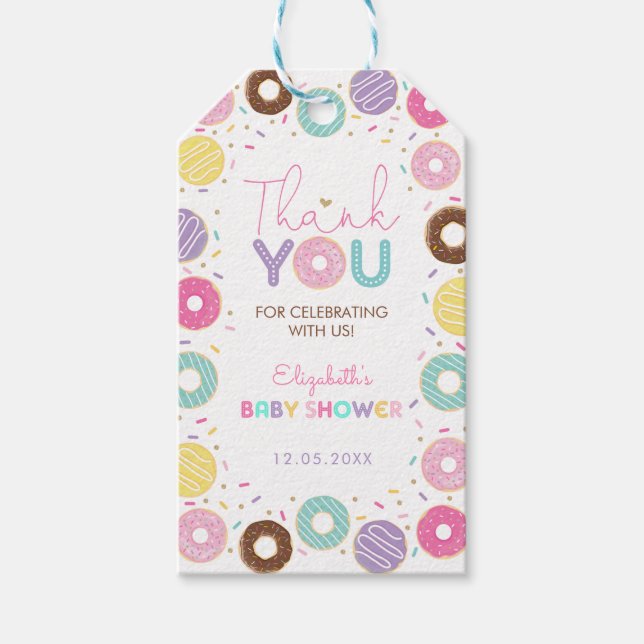 Rainbow Donuts Baby Shower Doughnut Tack Presentetikett (Framsidan)