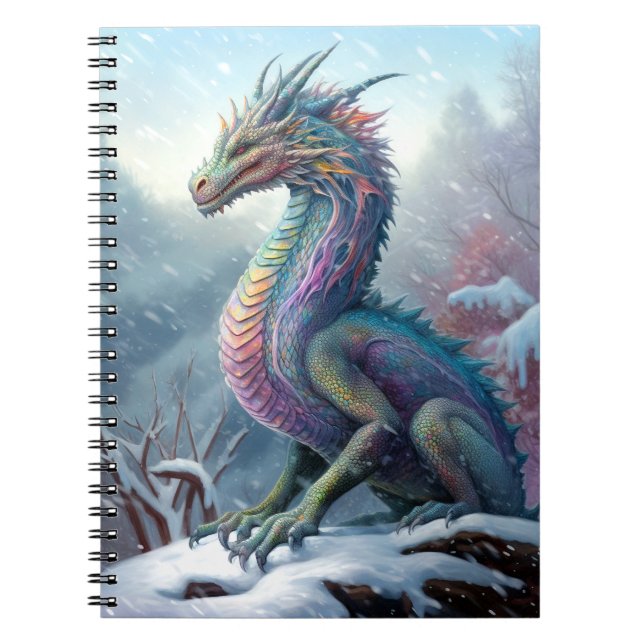 Rainbow Dragon in Snö Fantasy Art Anteckningsbok (Framsidan)