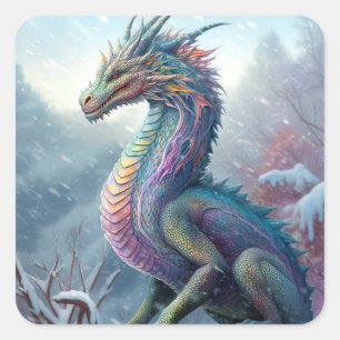 Rainbow Dragon in Snö Fantasy Art Fyrkantigt Klistermärke