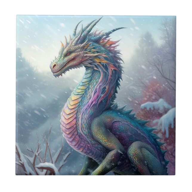 Rainbow Dragon in Snö Fantasy Art Kakelplatta (Framsidan)