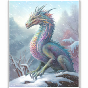 Rainbow Dragon in Snö Fantasy Art Klistermärken