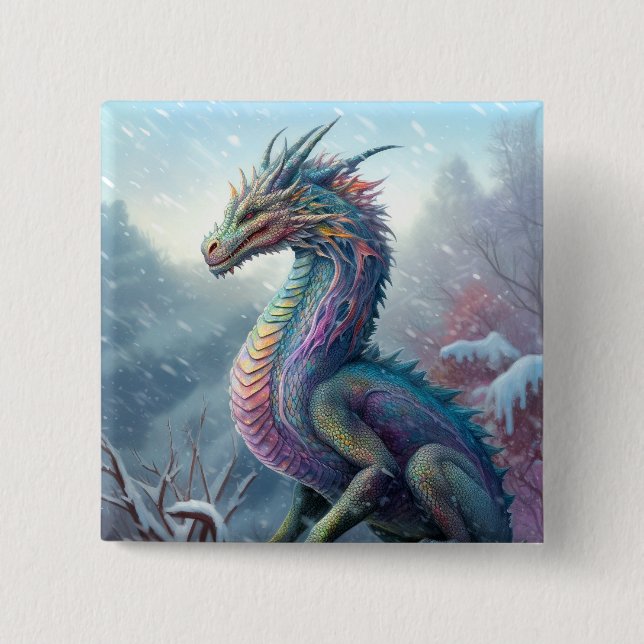 Rainbow Dragon in Snö Fantasy Art Knapp (Framsida)