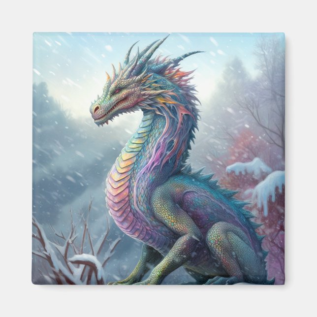 Rainbow Dragon in Snö Fantasy Art Magnet (Framsidan)