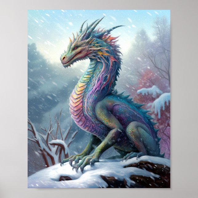 Rainbow Dragon in Snö Fantasy Art Poster (Framsidan)