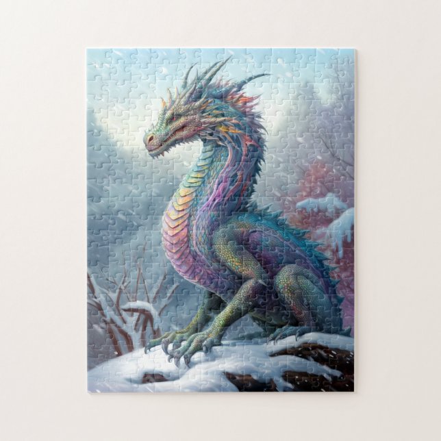 Rainbow Dragon in Snö Fantasy Art Pussel (Vertikal)
