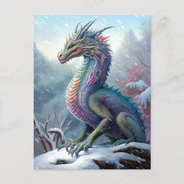 Rainbow Dragon in Snö Fantasy Art Vykort (Framsida)