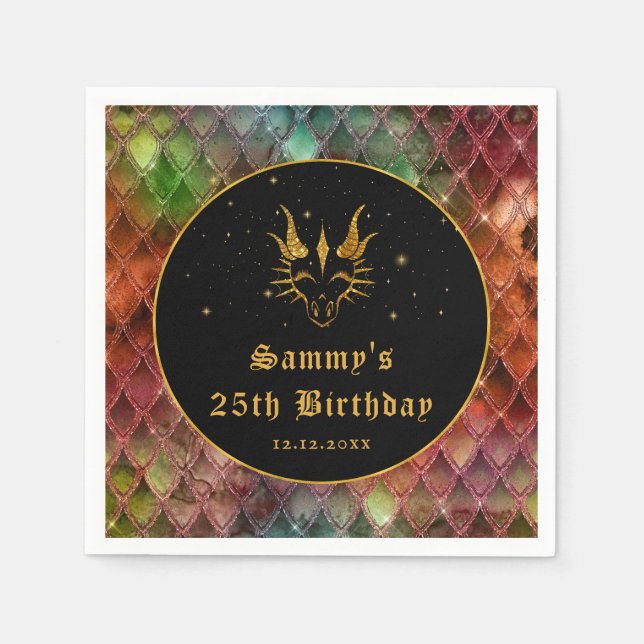 Rainbow Dragon Scales Guld Faux Glitter Birthday Pappersservett (Framsidan)