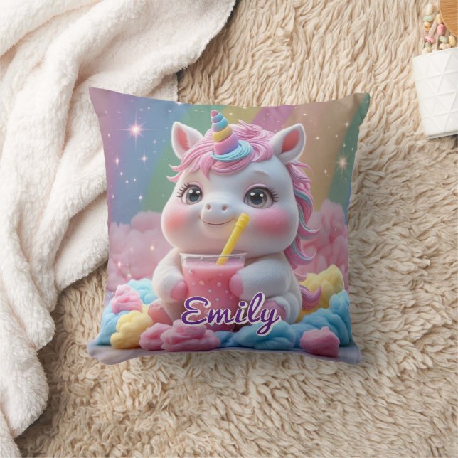Rainbow Drink Unicorn Pillow - Editable Namn Kudde (Filt)