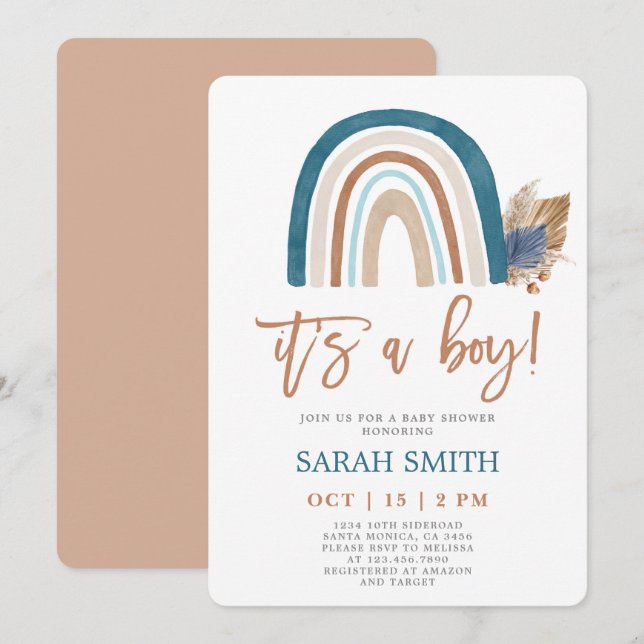 Rainbow Dusty Blue boho Baby Shower boy Inbjudningar (Fram/baksida)