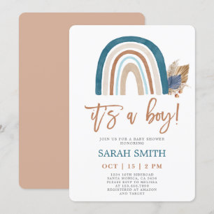 Rainbow Dusty Blue boho Baby Shower boy Inbjudningar