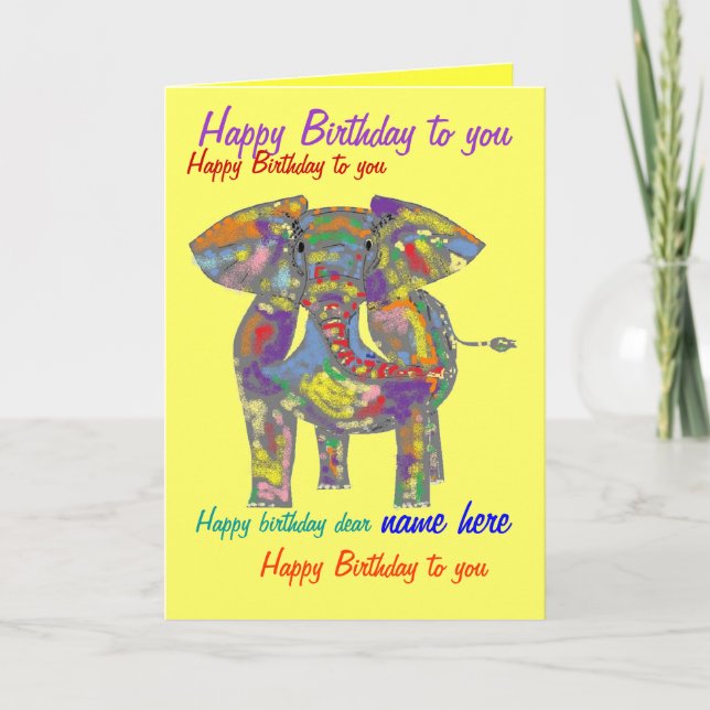 Rainbow Elephant Birthday Card anpassningsbar fron Kort (Framsida)
