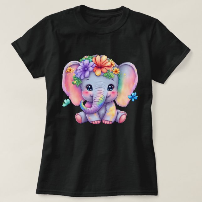 Rainbow Elephant med Blommigt Krona och Butterfly T Shirt (Design framsida)