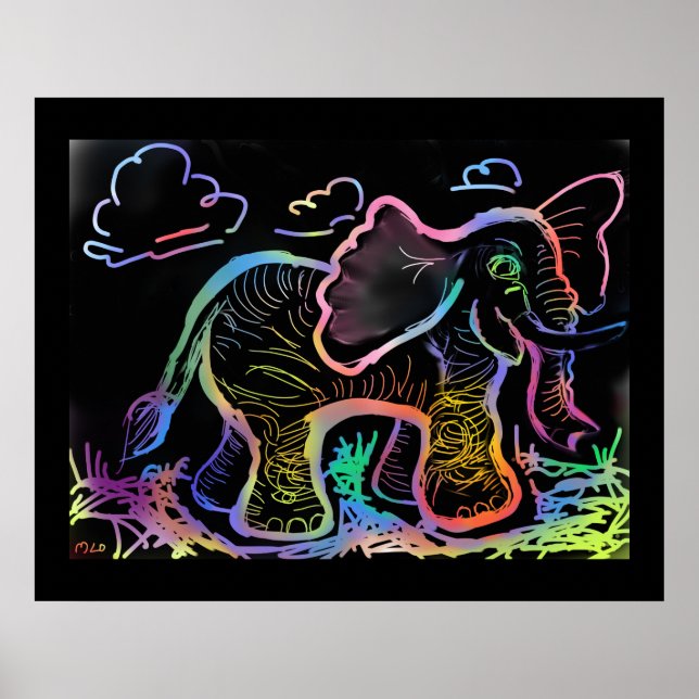 Rainbow Elephant Sketch Art Print Poster (Framsidan)