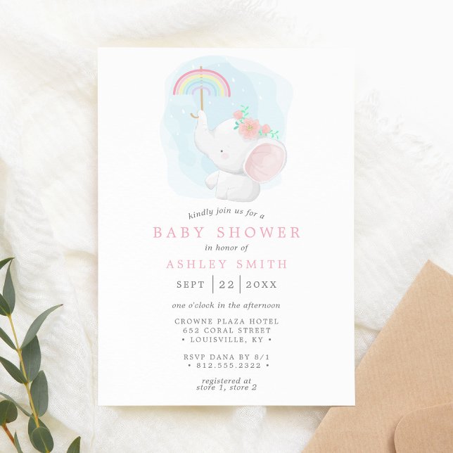 Rainbow Elephant Watercolor Girl Baby Shower Inbjudningar (Skapare uppladdad)