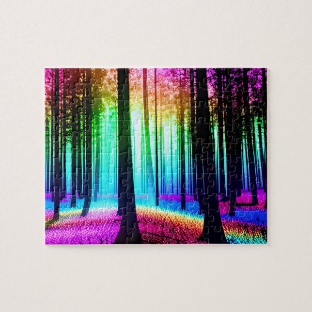 Rainbow Enchanted Forest och Black Träd Silhouette Pussel (Horisontell)