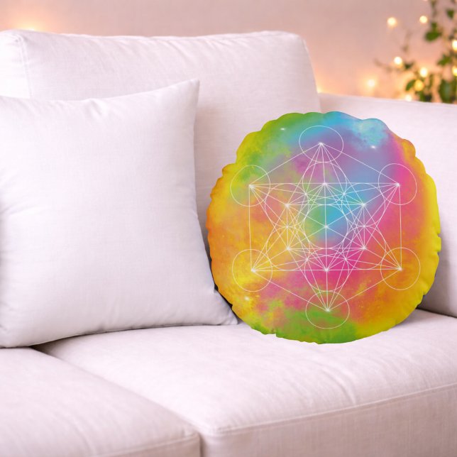 Rainbow Energy – Metatrons kub helig geometri Rund Kudde (Skapare uppladdad)