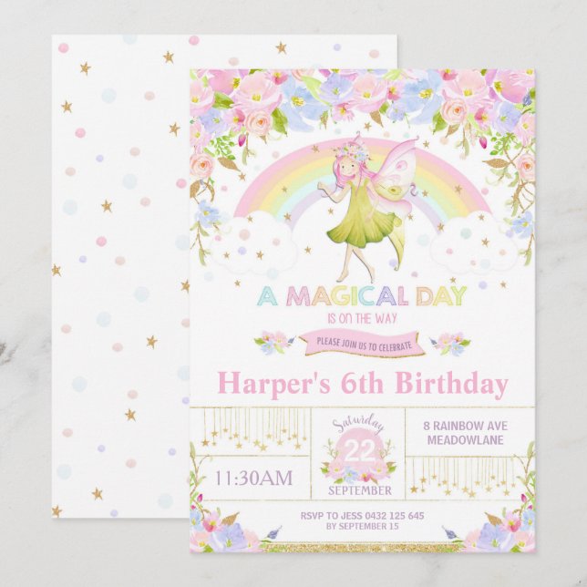 Rainbow Fairy Birthday Investigation Girl Inbjudningar (Fram/baksida)