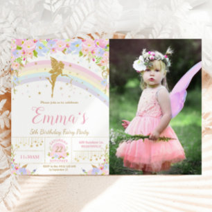 Rainbow Fairy Blommigt Födelsedagsfest Photo Bild Inbjudningar