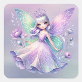 Rainbow Fairy Princess with Peony Blommigt Girl's Fyrkantigt Klistermärke