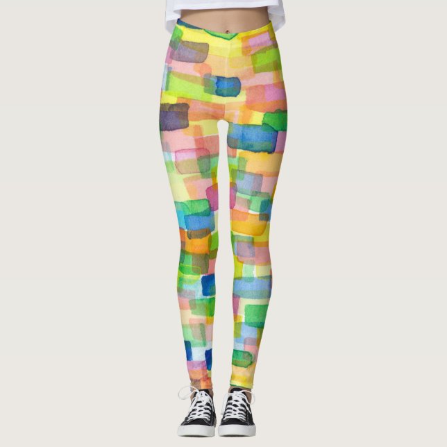 Rainbow färg box brick mönster leggings (Framsida)